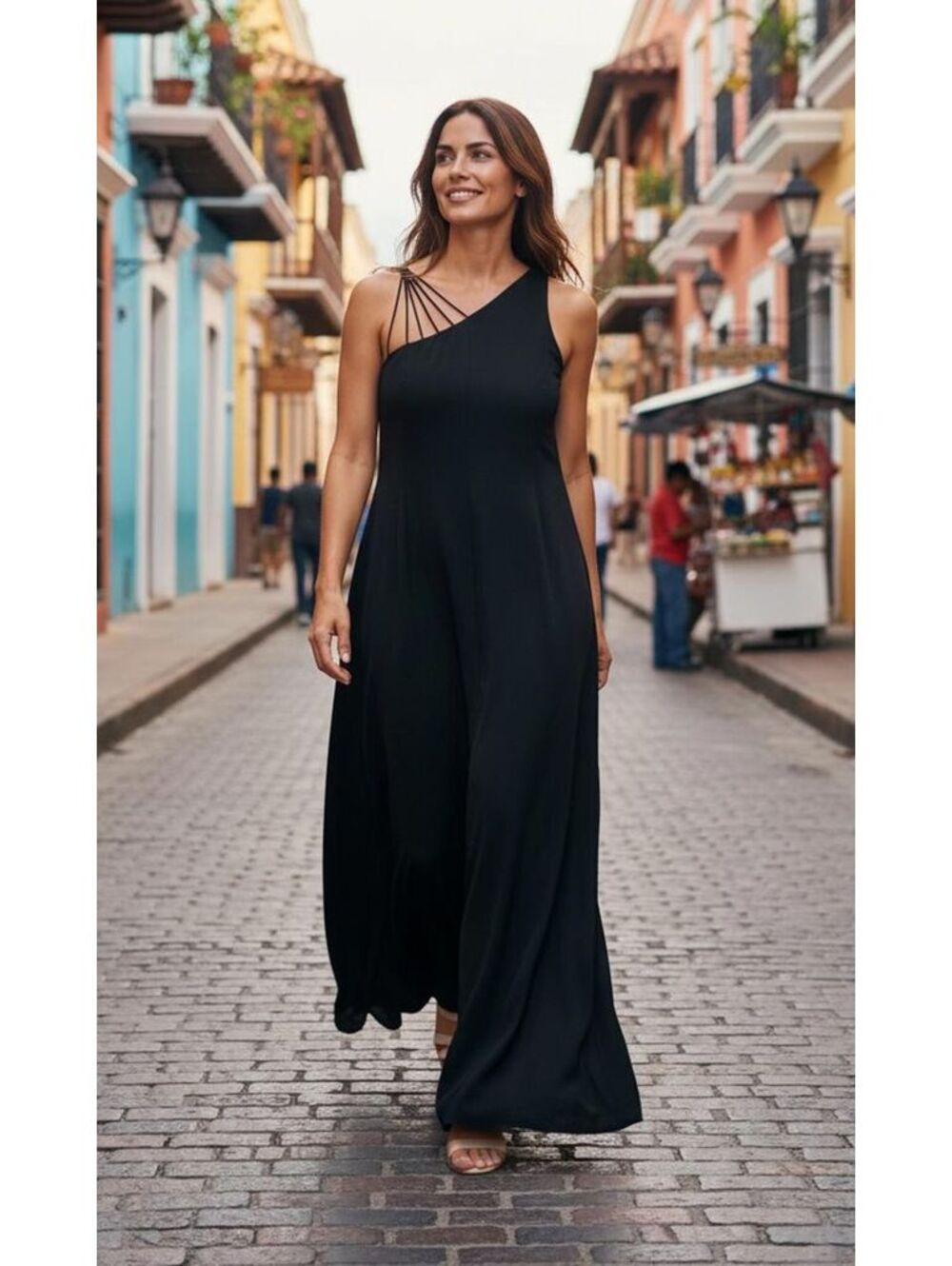 Y2K Evan-Picone Black One-Shoulder Evening Gown Maxi Dress 4/ Modern Sz 0/2